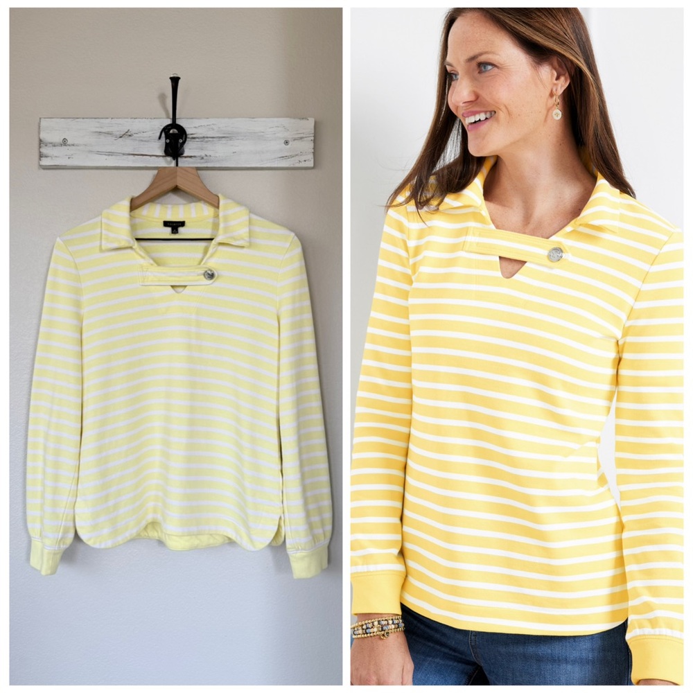 TALBOTS M Stripe Collar Sweatshirt in Yellow Daisy • Button Tab Neckline Pastel